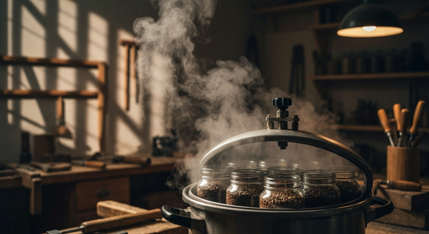 Pressure cooker loaded with grain bags for sterilization