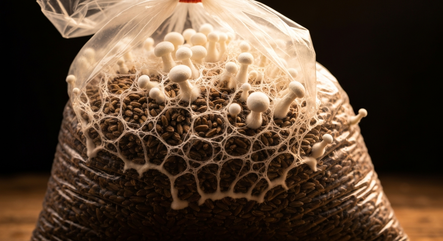 Fully colonized rye grain bag with white mycelium