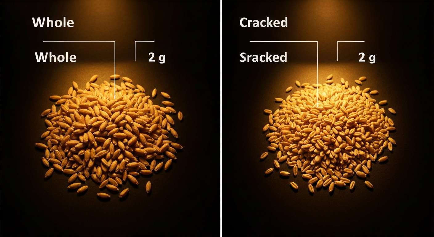 Side-by-side comparison of whole rye and cracked rye grain